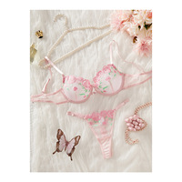 Ensemble de lingerie en maille brodée rose pour femme, soutien-gorge push-up à armatures et culotte, sous-vêtements à fines bretelles tendance, vente en gros