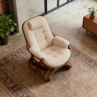 Fauteuil lounge nordique moderne en sherpa crème, revêtement en bois massif sculptural, meubles de salon, décoration intérieure