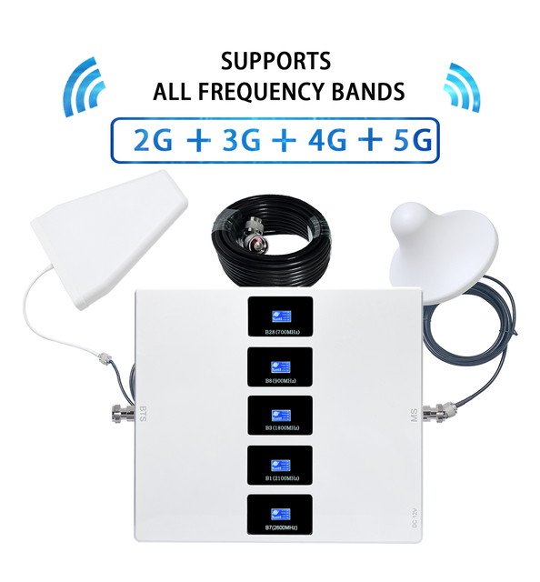 High Power 5 Band 700/900/1800/2100/2600 2G 3G 4G 5G Gsm Lte Mobile Signal Booster Mobile Repeater Cellular Network Amplifier