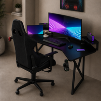 Bureau d'angle AJUNION 180 cm avec plateau en fibre de carbone et structure en acier, table d'ordinateur pour bureau à domicile, bureau gamer avec étagères pour deux moniteurs