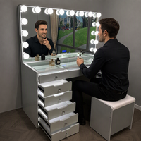 Miroir de coiffeuse de salon de beauté en pin à panneau unique, design réglable, éclairage LED lumineux, grand rangement, pour salon de coiffure