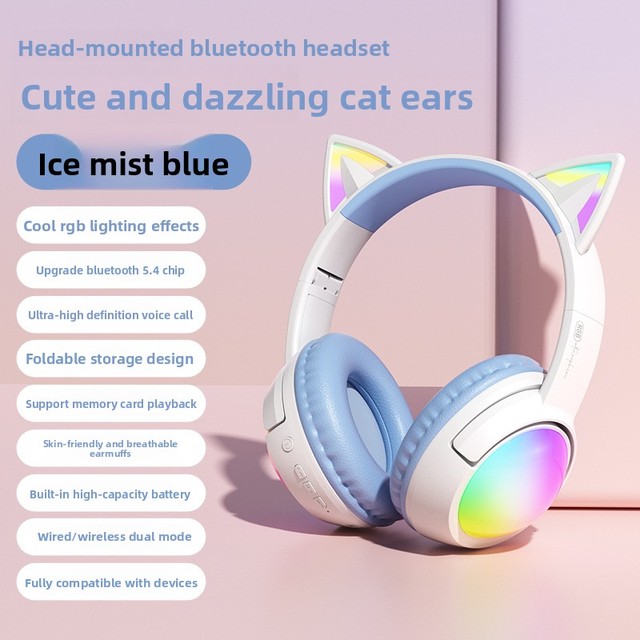 2026 New Model Cute Cat Ear Over-Ear Gaming Headset BT V5.4 RGB LED 360 Surround Sound ANC Low Latency Type-C for PC E-Sports