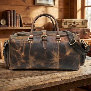 Sac de rangement extérieur pliable et portable en cuir véritable vintage grand format avec fermeture éclair, sangle réglable et durable pour chaussures et effets personnels - Product Image 1