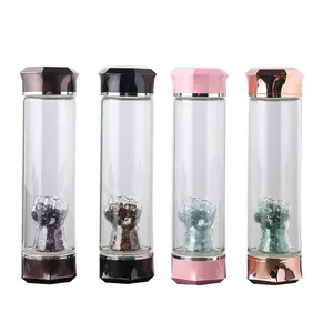 Garrafa de água de vidro infundido de cristal rosa, garrafa de água com varinha sonora de cura ametista e saco de manga protetora 550ml 18oz