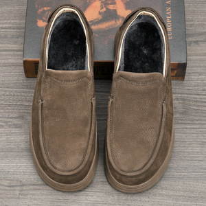 Men Winter Warm Genuine Leather Slip On Shoes Round Toe Plush Lining Rubber Outsole Comfortable Low Cut Boots - Product Image 2