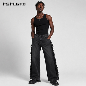 Pantalones Vaqueros Anchos con Flecos OEM/ODM, Estilo Vintage, Lavado Pesado, Desgastados, Streetwear, con Borlas Laterales, Venta al por Mayor a Granel - Product Image 1