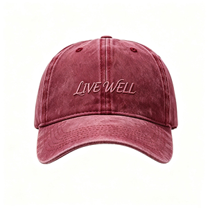 Gorra de Béisbol Vintage Lavada Roja de 6 Paneles con Malla Transpirable en la Parte Trasera, Gorra con la Frase "LIVE WELL", Protección Solar para Hombres y Mujeres - Product Image 1