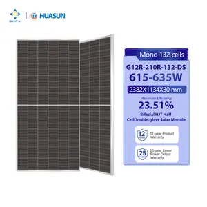 Huasun Bifacial Hjt Panel fotovoltaik Harga 615W, 620W 625W 630W 635 watt untuk sistem tenaga surya rumah