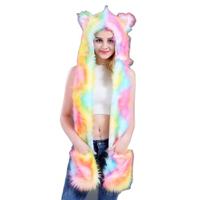 Sweat à capuche en fausse fourrure d'animal, couleur arc-en-ciel, chaud, <span class=keywords><strong>avec</strong></span> <span class=keywords><strong>gants</strong></span>, écharpes - Product Image 1