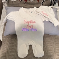Ensemble de tenue pour bébé fille nouveau-né pour l'hôpital, 100% coton, avec monogramme, barboteuse et bonnet noué, tenue brodée pour la sortie de maternité