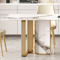 Ensemble Table à Manger de Luxe en Métal pour Villa, 8 Places, Plateau Marbre Ardoise, Grand Mobilier de Salle à Manger Complet