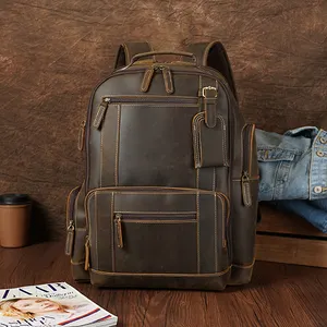 Mochila de couro amazon drop shipping, bolsa de couro marrom louca para viagens, mochila de laptop genuína, imperdível