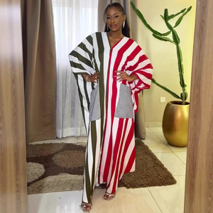 Vestido de manga larga con cuello a rayas en V para mujer, talla grande, estilo africano, moderno, con bolsillos grandes, nuevo vestido largo para mujer - Product Image 1
