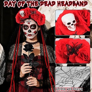 Costumes du Jour des Morts pour femmes, ensemble de coiffes Dia De Los Muertos, coiffes florales, colliers en dentelle, tatouages, accessoires d'Halloween - Product Image 3