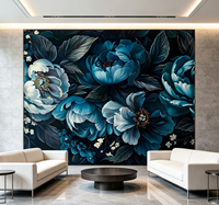 Papier peint mural à fleurs de pivoine bleu sarcelle sur fond foncé pour salle à manger, salon de beauté et salon