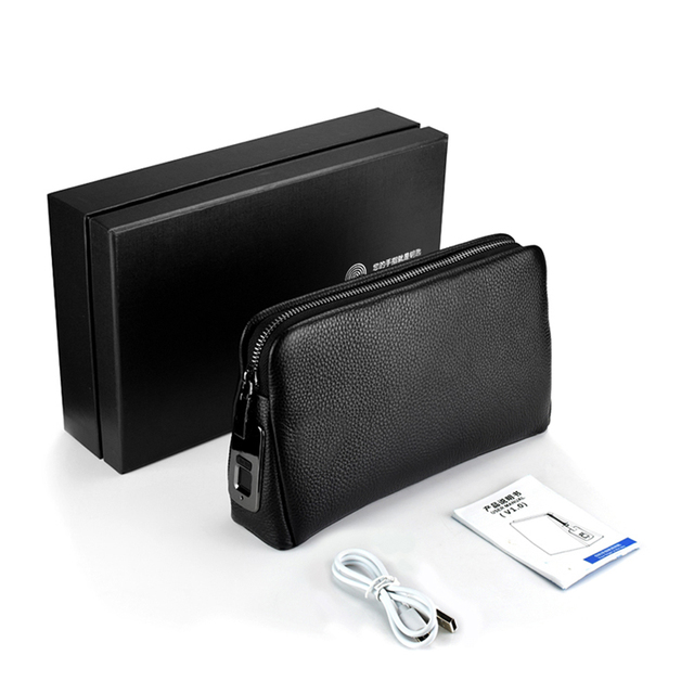 Genuine Leather Anti Theft Fingerprint Lock Business Man Zipper Bags Clutch Purse Waterproof Hand Hold Bag Leather Handbag