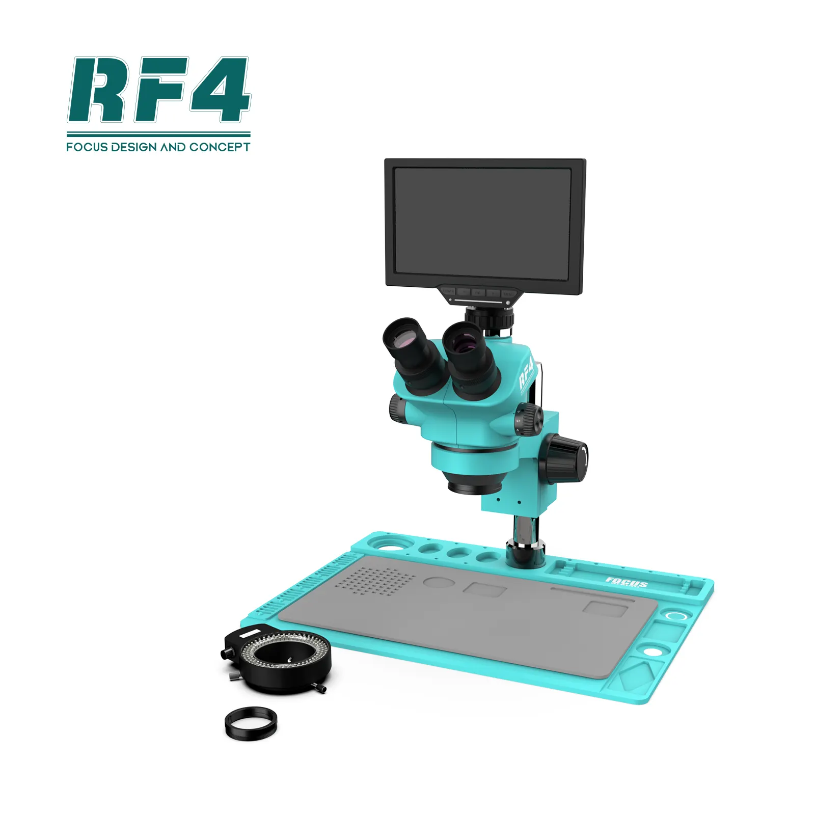 Microscopio óptico estéreo trinocular con monitor de cámara, RF7050TVD2-YS010W de base grande de 10 pulgadas, RF4 7-50X