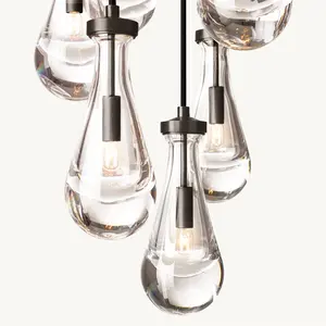 American Design Rain Drop Black Chandelier Brass Pendant Light Luxury Modern Glass Long Hanging Lamp For Living Room
