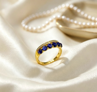 Bague en or 18 carats certifié avec saphir naturel pour femme, bague demi-éternité cabochon, diamants véritables, pierres bleues profondes, bijoux fins vintage