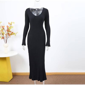 Vestido Casual de Punto para Mujer, Cuello <span class=keywords><strong>en</strong></span> V, Estilo Ribbed, Otoño Invierno 2026, Elegante, Plisado, Línea A, Vestidos Largos Casuales - Product Image 5