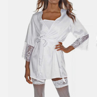 Robe courte en satin de soie pour femme avec manches en dentelle et nœud sur le devant, confortable et luxueuse, style babydoll, taille unique, imprimé pour le printemps, ensemble de pyjama personnalisé pour femme