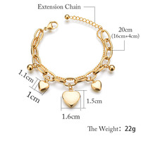 Bracelet à breloques en forme de cœur plaqué or 18 carats PVD, en acier inoxydable, ne ternit pas, léger, pour femmes, chaîne tendance, hypoallergénique