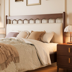 Cama de plataforma de madera maciza de estilo retro americano con cabecero suave para dormitorio principal - Product Image 2