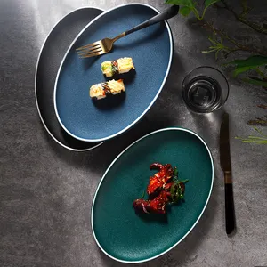 Porselen Keramik Biru Hijau Hitam Restoran Hotel Bbq Makan Malam Sederhana Warna Mengkilap Modern Set Piring Dapur Warna-warni Oval