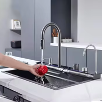 Ensemble d'évier de cuisine à cascade en acier inoxydable 201 fait à la main, robinet extractible à une cuvette, surface nano pour bassin de légumes à la maison