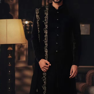 ELEGANT GROOM <b>BLACK</b> SHERWANI & <b>PANT</b> WITH EMBROIDERY on STOLE WITH EMBELLISHED CRYSTAL GLASS BEADS,DABKA <b>WORK</b> for WEDDING=2025 - Product Image 1