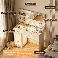 Ensemble de coiffeuse moderne écologique en bois avec plateau en verre, grand miroir, lumières, 3 couleurs d'éclairage réglables, table à langer blanche, hôtel