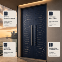 Porte double en alliage d'aluminium postmoderne Coastal Penthouse, bleu marine, avec bas-relief 3D vague et poignées en acier brossé, éclairage LED, pour hôtels et appartements