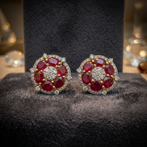 Boucles d'oreilles florales en or 14 carats avec rubis et diamants, bijoux en grappe de pierres ovales pour femme, cadeau de fête - Product Image 4