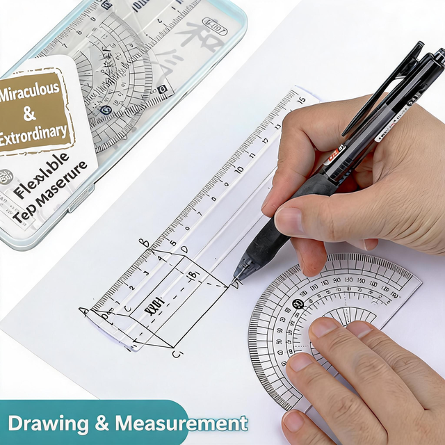 4 Pcs Soft Ruler Set in PVC Box | 15cm Color-Coded Folding Ruler Kit for Students | School Supplies Geometry Ruler