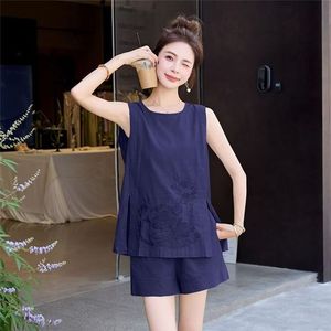 Women's Cotton Linen Two Piece Set Sleeveless Top Shorts Navy Blue Embroidered Breathable Casual Summer Outfit - Product Image 1