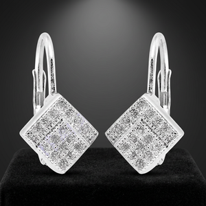 Silver Plated Geometric Hoop <b>Earrings</b> with <b>Crystal</b> Rhinestone Micro Insert Princess Cut Women's Classic Wedding Jewelry - Product Image 1