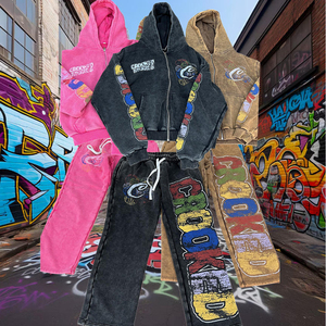 Conjuntos de Sudadera con Capucha y Pantalones Deportivos de Algodón con Logotipo Serigrafiado Personalizado de Alta Calidad, Estilo Lavado Ácido, Ropa Deportiva Urbana para Hombre - Product Image 1