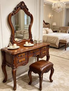 Antique Hand Carved Solid Wood <b>Dressing</b> <b>Table</b> Set, Brown Makeup <b>Vanity</b> with Leather Stool & Ornate <b>Mirror</b> for Bedroom <b>Table</b> - Product Image 4