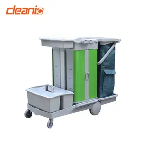 Color Coded Flat Mop Professional Cleaning Trolley Janitor Cart With Locking Cabinet And Storage Caddy