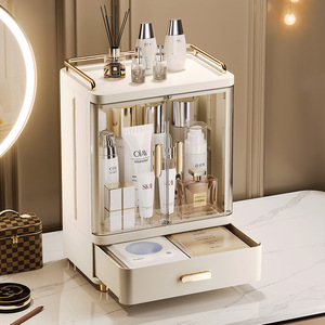 Boîte de rangement cosmétique à double porte et double tiroir, grande capacité, organiseur de maquillage avec portes en verre pour produits de soin et de beauté - Product Image 2