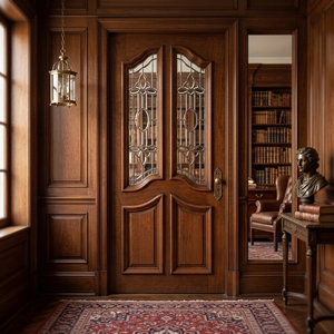Puerta de Entrada Principal de Madera Sólida de Estilo Europeo Tradicional con Inserciones Decorativas de Vidrio - Product Image 2