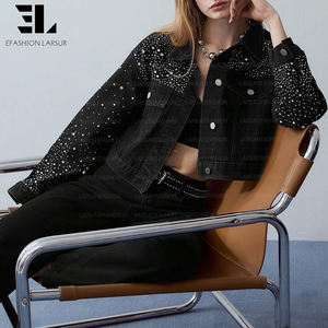 LARSUR 定制工厂镶钻水钻宝石牛仔夹克仿旧水洗飞行员短款宽松长袖牛仔夹克女式 - Product Image 6