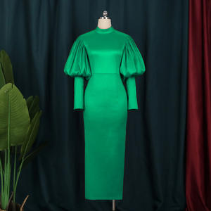 Avondjurken voor dames Groene pofjurk met lange mouwen, sexy jurken, opstaande kraag, split aan de achterkant, knielengte, feestjurk - Product Image 4