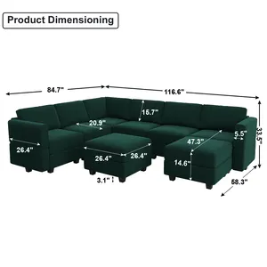 Belffin模块化组合沙发，带储物座椅超大U形沙发，带可翻转躺椅，带奥斯曼天鹅绒绿色
