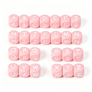 Perles d'alphabet en silicone PVC carrées de 12 mm, couleur rose, lettres anglaises, pour la fabrication de bracelets, colliers, porte-clés et bijoux. - Product Image 2