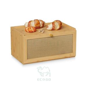 Rattan Bamboo Wood Rectangle Modern Bread Box <b>Kitchen</b> Counter <b>Large</b> Capacity Storage <b>Bin</b> - Product Image 1