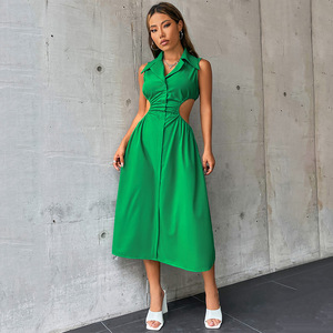 Abito <span class=keywords><strong>Midi</strong></span> Verde <span class=keywords><strong>con</strong></span> Scollo a V per Donne, Senza Maniche, <span class=keywords><strong>con</strong></span> Colletto, Taglio a Vita, Linea A, Lungo <span class=keywords><strong>con</strong></span> <span class=keywords><strong>Spacco</strong></span>, Elegante per Feste e Occasioni Casual Estive - Product Image 3