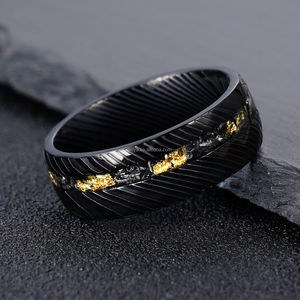 POYA 캐주얼 8mm 블랙 스테인리스 스틸 반지, 에칭 다마스커스 스틸 운석 조각 & 금박 인레이 약혼 및 약속 반지 - Product Image 5