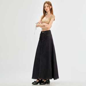Falda Vaquera Larga Vintage de Cintura Alta Línea A Color Liso Azul Oscuro Lavado <span class=keywords><strong>Tallas</strong></span> <span class=keywords><strong>Grandes</strong></span> Casual Otoño Invierno Primavera Verano - Product Image 3