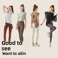 T-shirt de yoga pour femme, couvrant les fesses, respirant, séchage rapide, en Spandex/Nylon, anti-transpiration, manches courtes, coupe ample, uni, simple